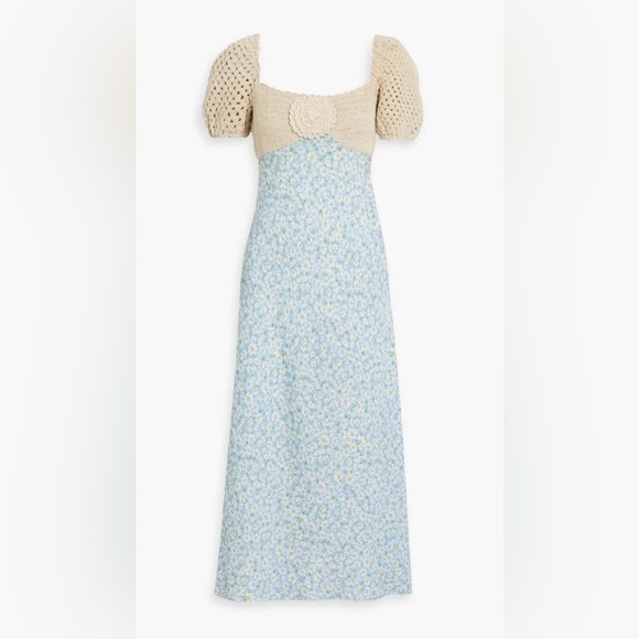 RIXO Dresses & Skirts - Rixo London Sardinia Crochet Knit Floral Maxi Dress in Cream and Light Blue